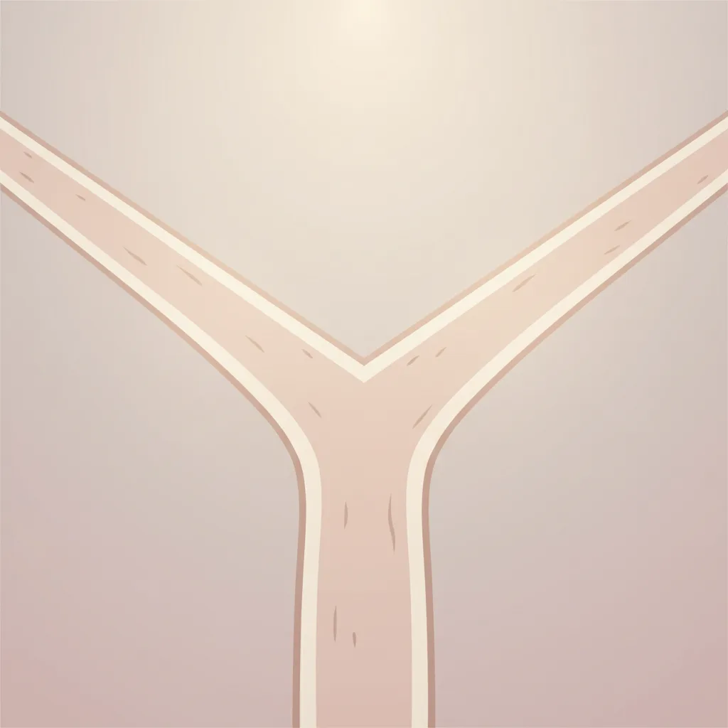Two paths diverging at a quiet crossroads, one curving left and one curving right, both leading into soft light.