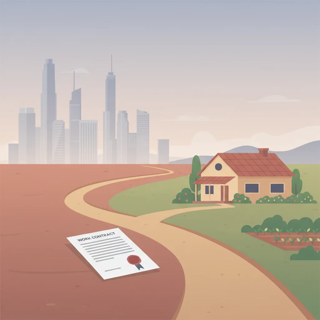 A split scene: on the left, a work contract and a Gulf cityscape in the distance; on the right, a family home in a rural village.