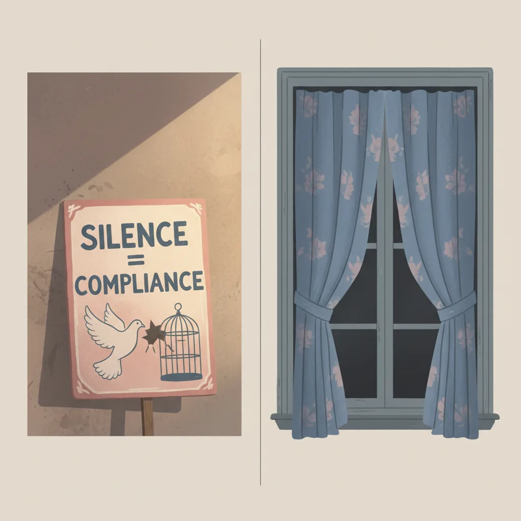 A protest sign resting against a wall on one side, and a closed window with curtains drawn on the other side.