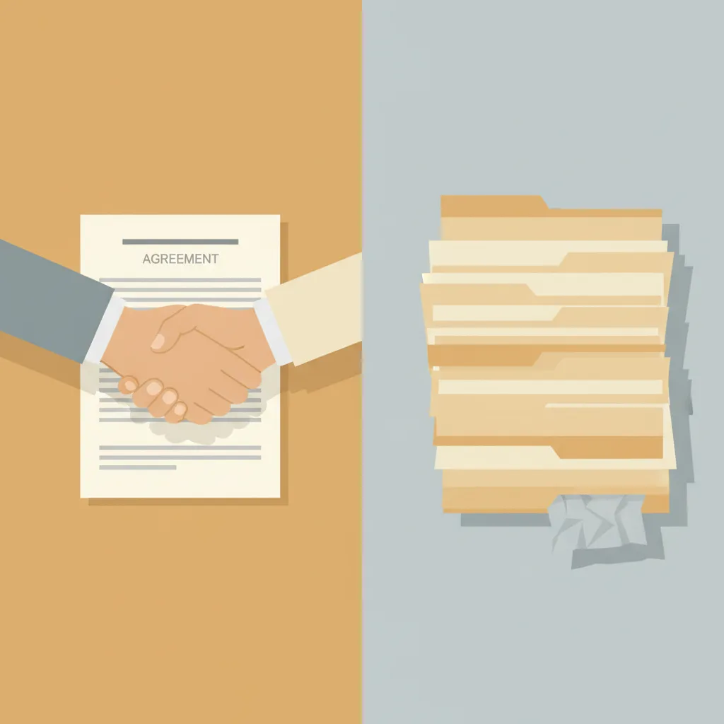 A split scene: on the left, two people facing each other with an open document between them; on the right, a crumpled paper hidden under a stack of files.