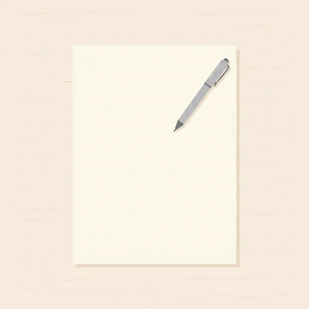 A flat vector illustration of a blank document and pen resting on a simple desk