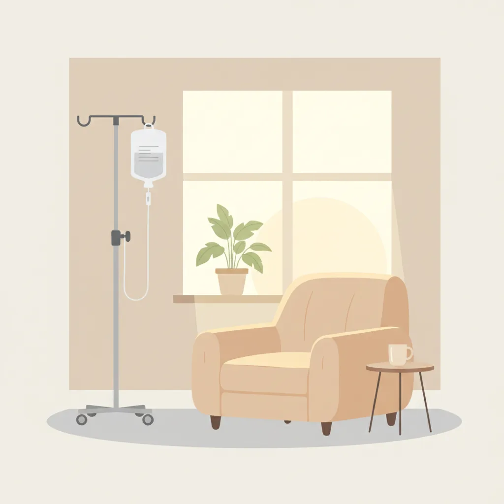 A flat vector illustration of a hospital IV drip on one side and a simple comfortable chair by a window on the other