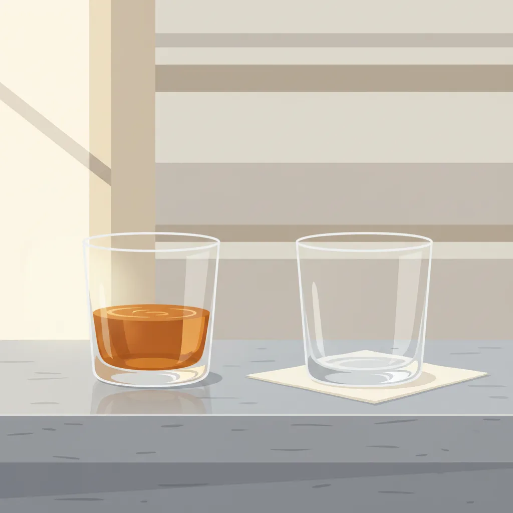 Two identical glasses on a bar surface, one filled with amber liquid, the other empty and clean.