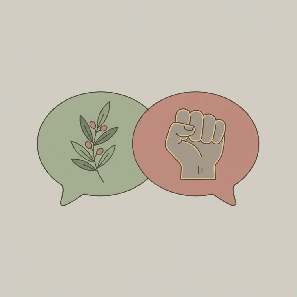 Two speech bubbles on a neutral surface, one containing an olive branch, the other a closed fist.