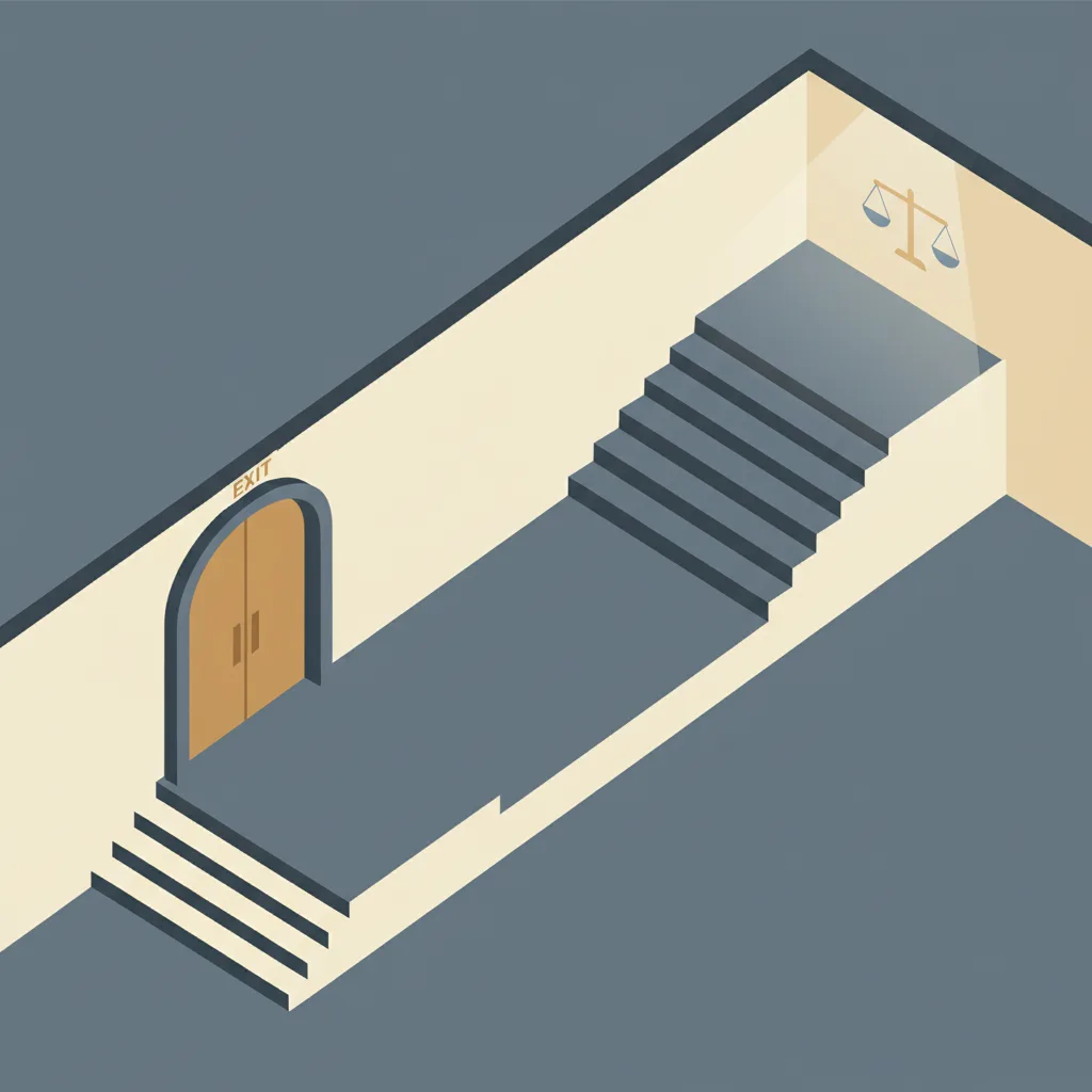 A courthouse with a split path: one leading upward to a higher court, the other leading back to a street-level exit.