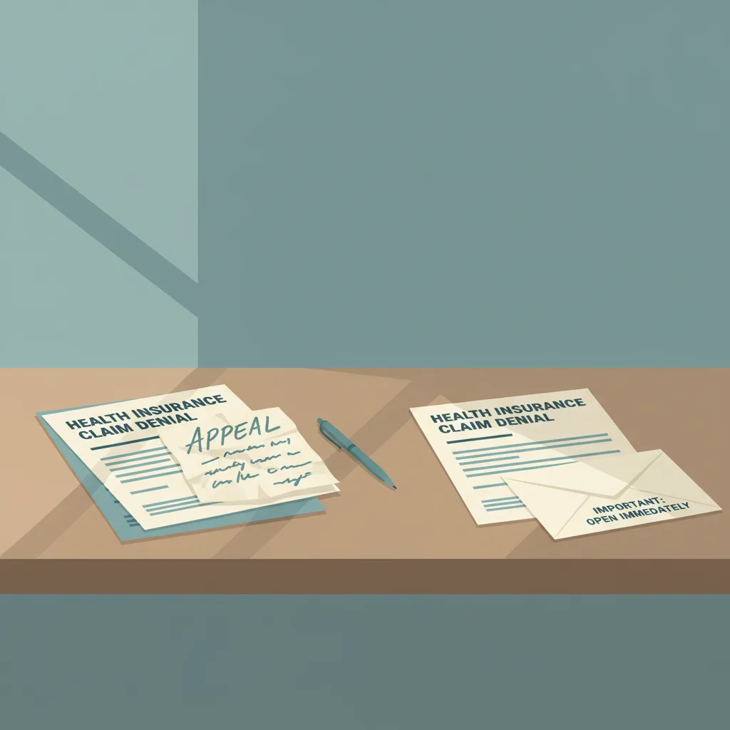 A health insurance denial letter on a desk, one version with an appeal filed on top, the other left unopened.
