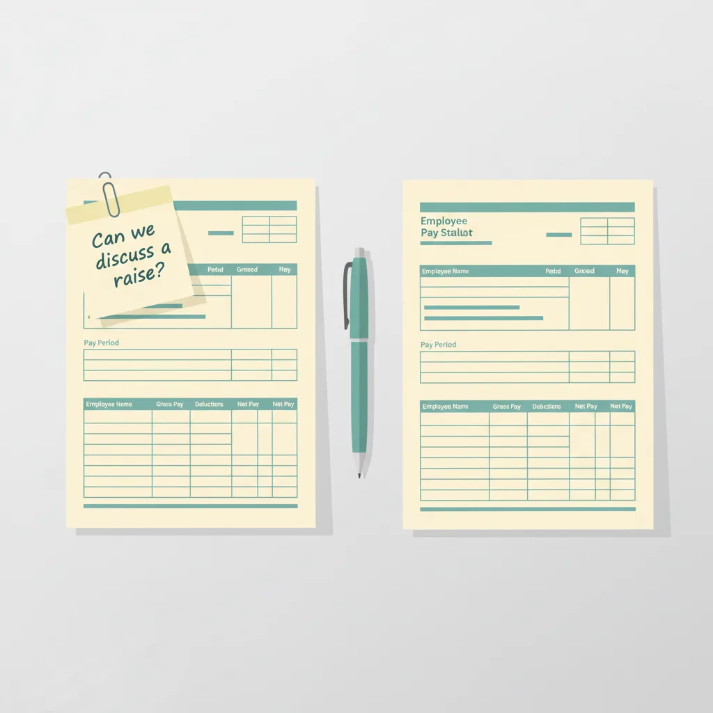 Two identical pay stubs on a desk, one with a handwritten raise request clipped to it.