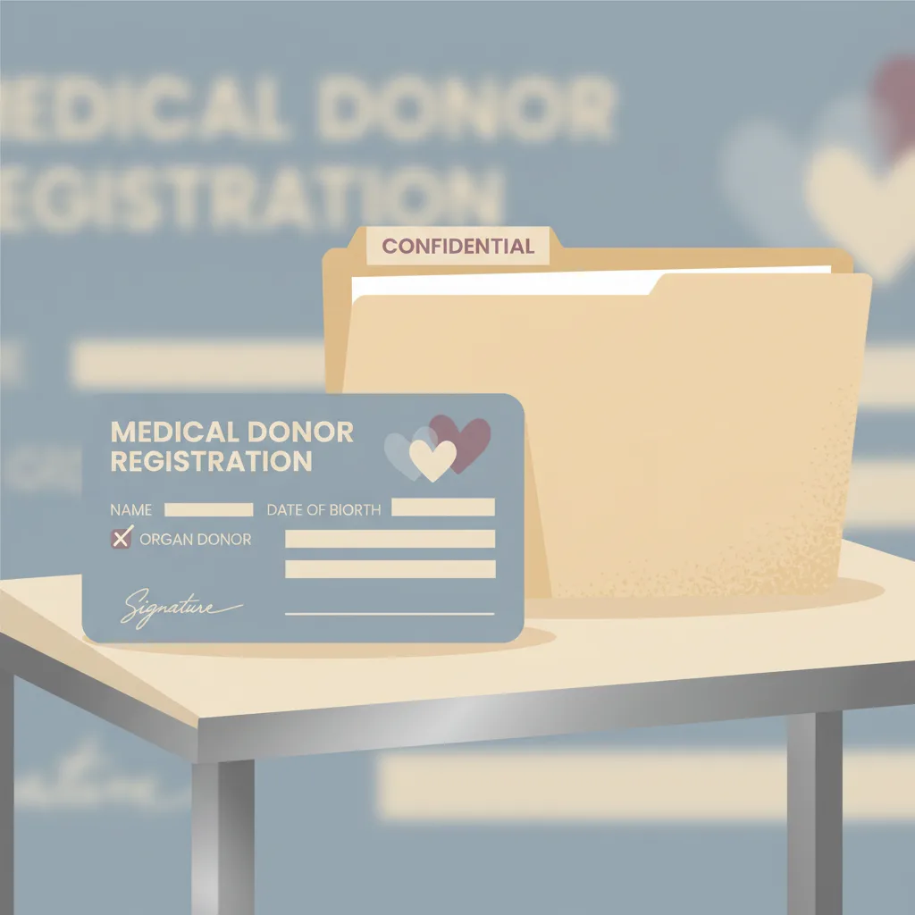 A hospital donor registration card on the left and a closed folder on the right, on a quiet table.
