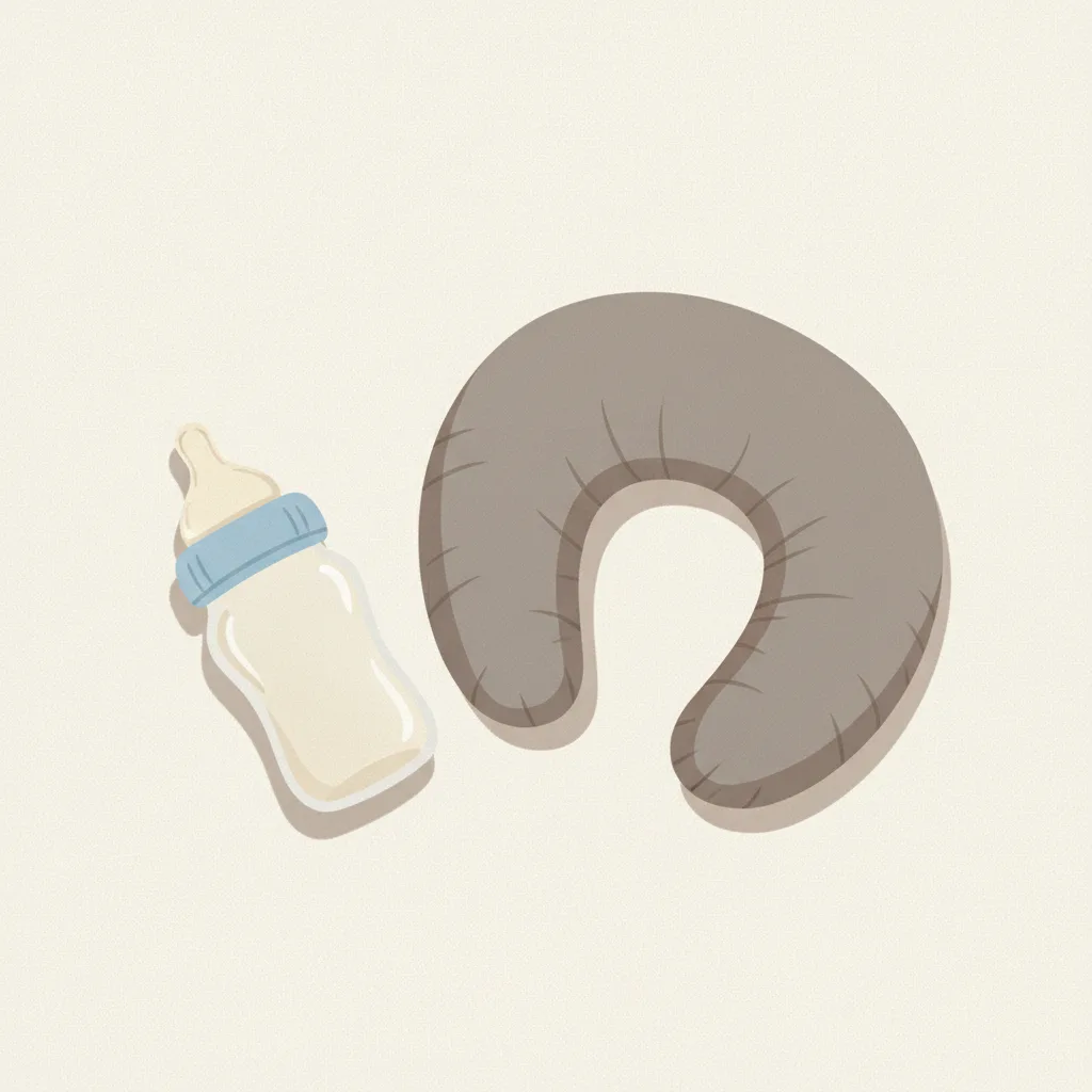 A baby bottle and a nursing pillow resting side by side on a neutral surface.