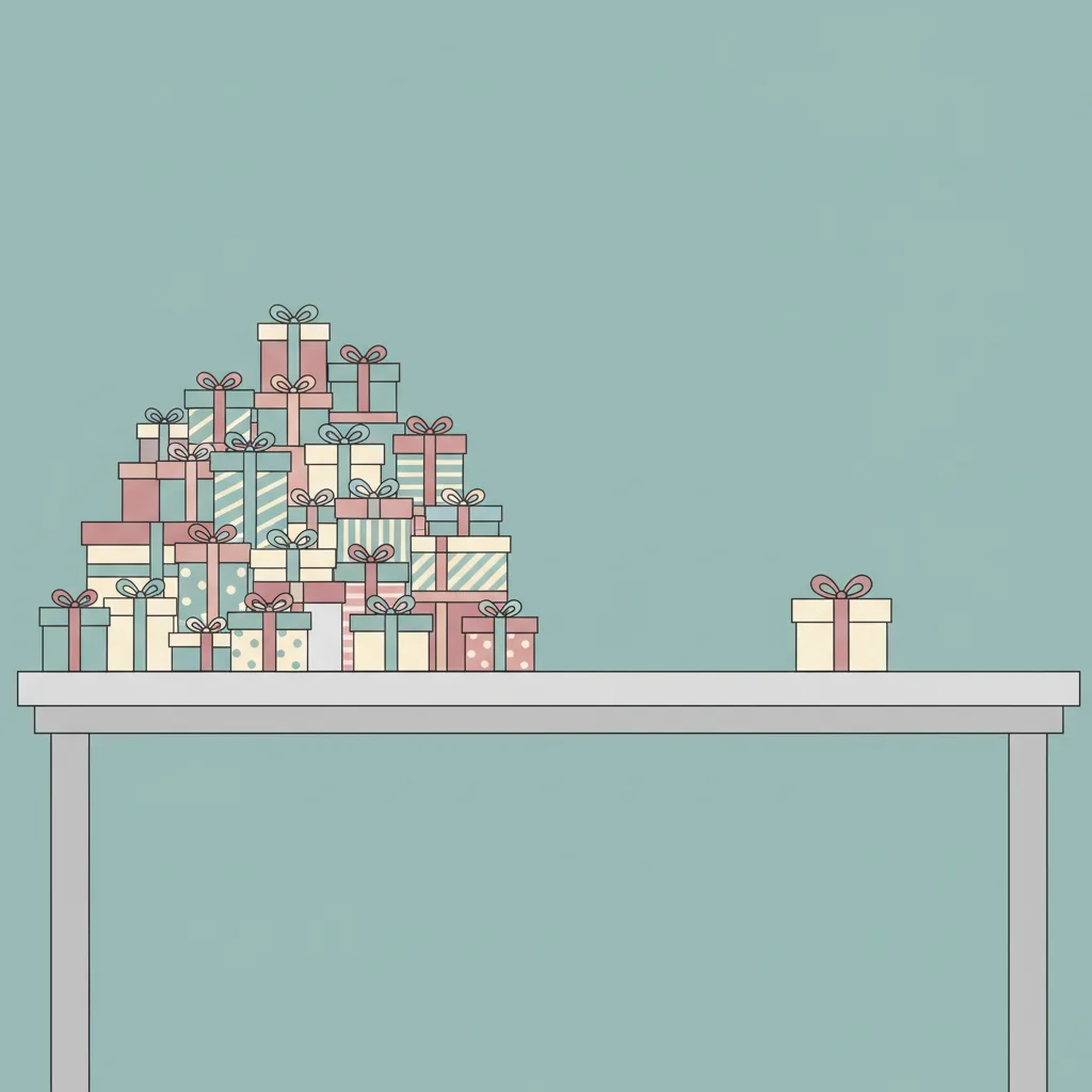 A pile of wrapped gifts next to a single simply-wrapped box on a bare table.