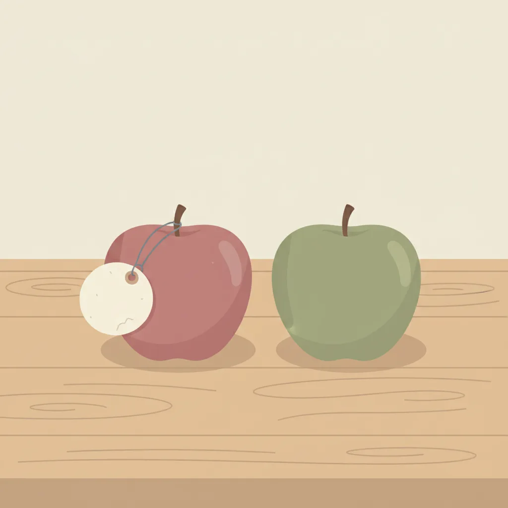 Two apples on a plain table, one with a small leaf tag and one without, both slightly faded.