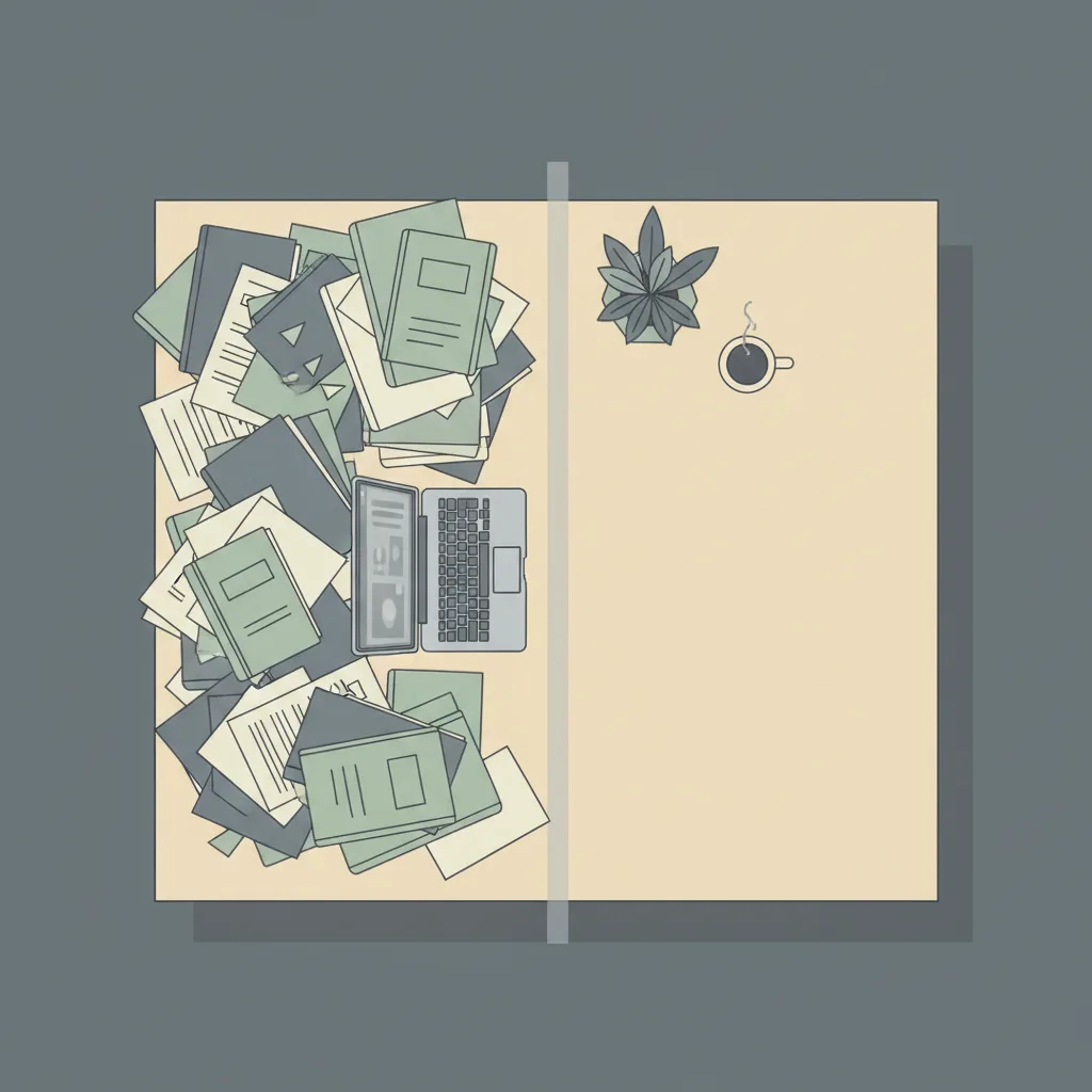 A desk with stacked folders on one side and a small potted plant on the other, separated by a faint line.