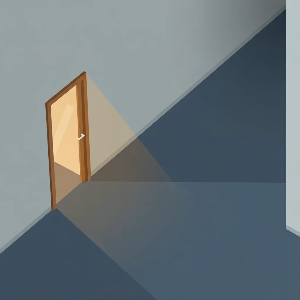 A fork in a corridor, one path leading to a new door marked with light, the other continuing into a long dim hallway.