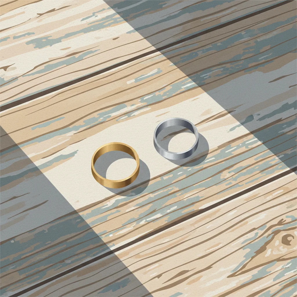 Two wedding rings resting on a wooden surface, slightly apart, in soft window light.