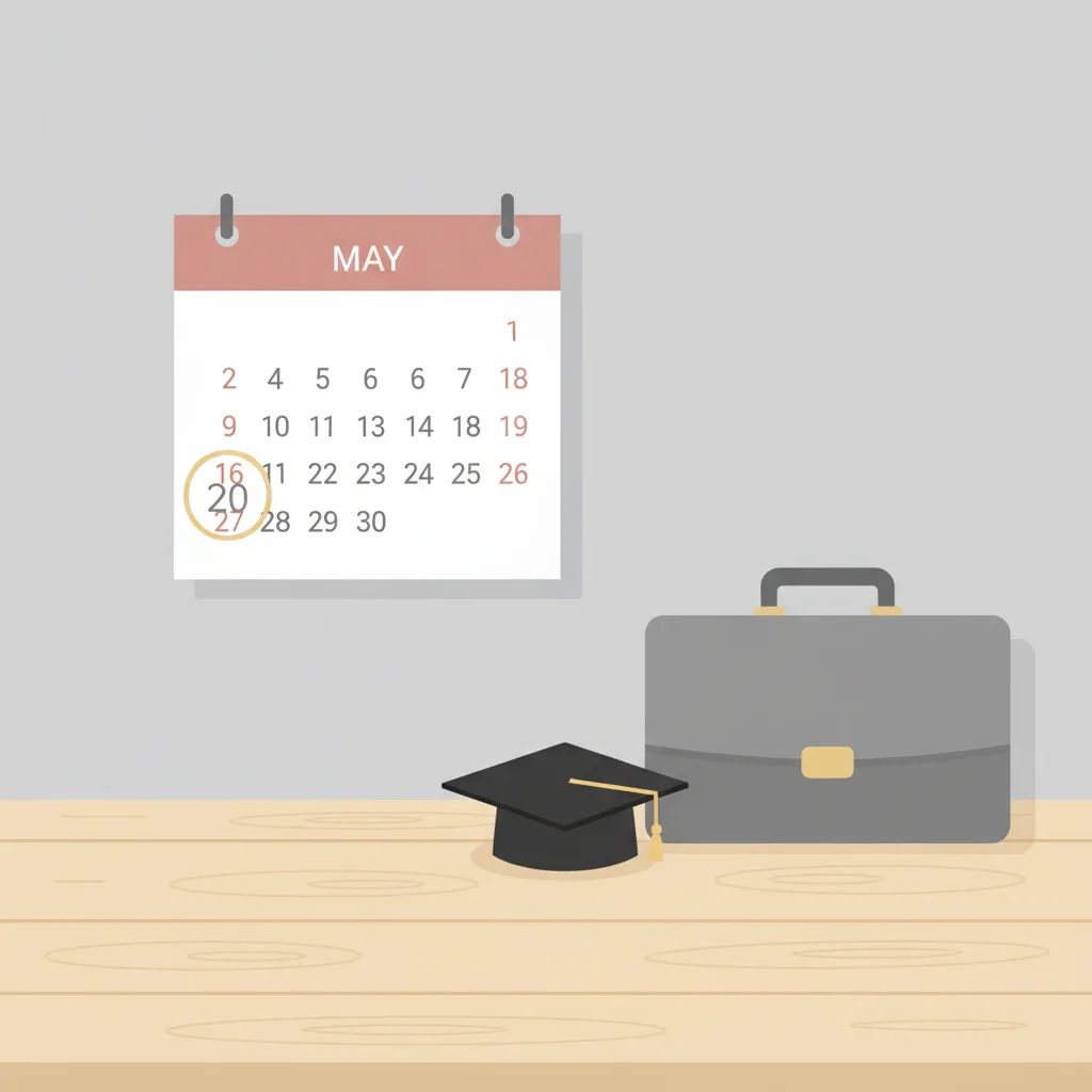 A calendar with a wedding date circled and a graduation cap beside a briefcase on a plain desk.