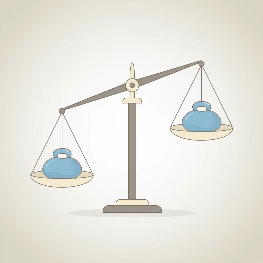 A perfectly balanced scale with two identical weights, set on a neutral background.