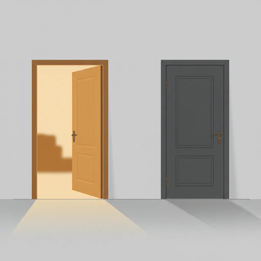 An open door with warm light on one side and a closed door in shadow on the other, separated by a thin vertical line.