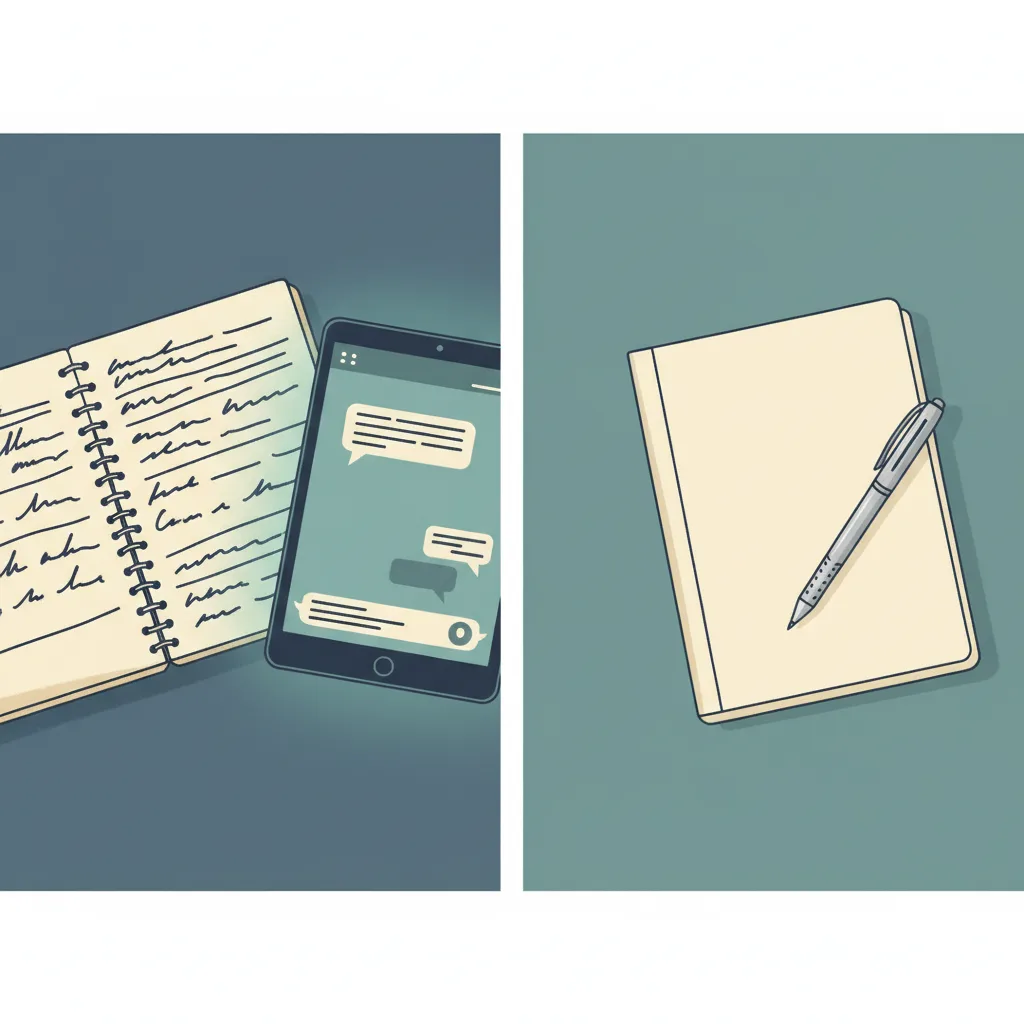 A person's notes beside a glowing chat window, contrasted with a blank notebook and a pen.