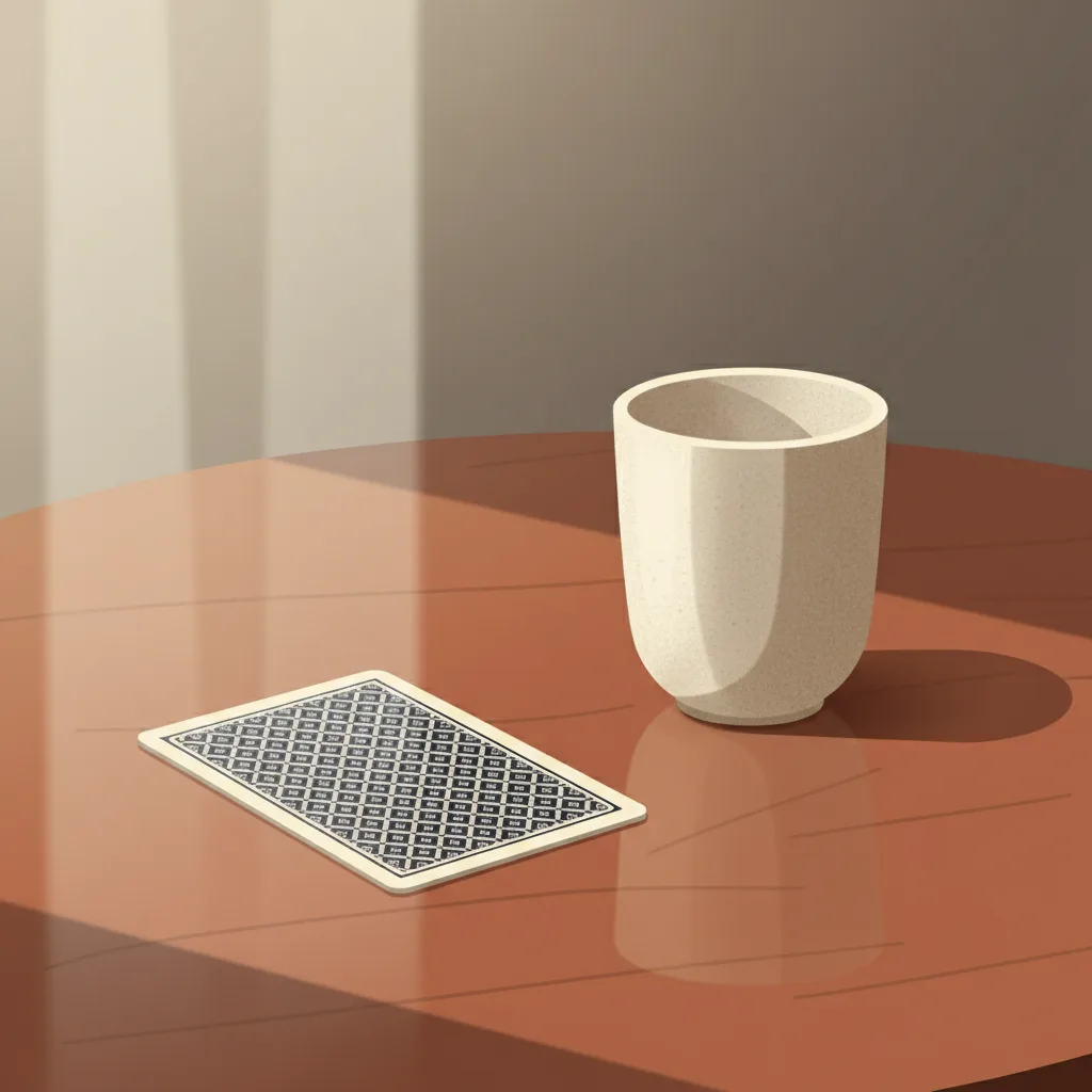 A single playing card lying face-down on a polished wooden table beside a small ceramic cup.