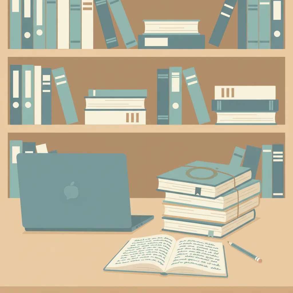 A bookshelf half-filled with reference books and a closed laptop next to a stack of unopened skill-building course materials on a desk.