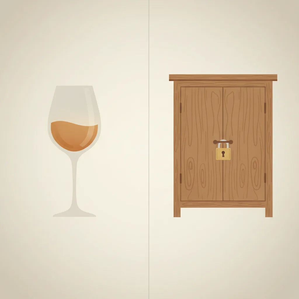 A wine glass with a small pour on the left and a locked cabinet on the right