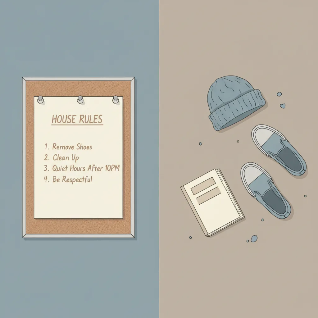 A set of firm house rules pinned to a corkboard next to a pile of objects left where they fell.