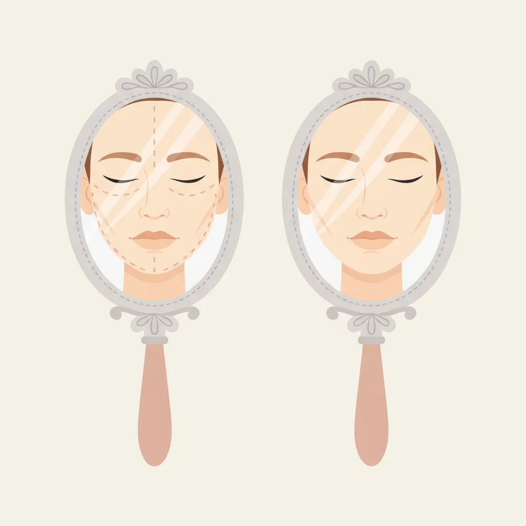 Two identical mirrors side by side, one reflecting a face with faint surgical markings, the other reflecting the same face unmarked.