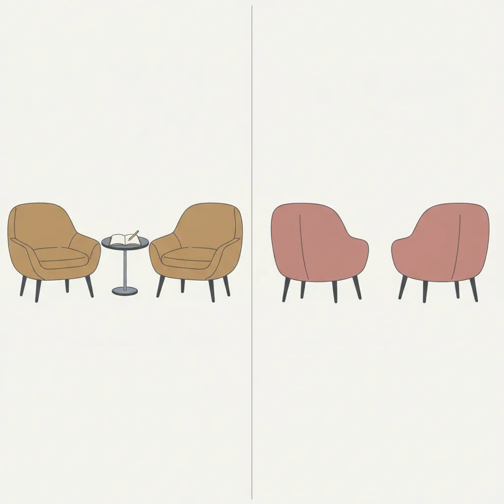 Two chairs angled toward each other with a small table and a notepad on the left, and the same chairs facing away from each other on the right