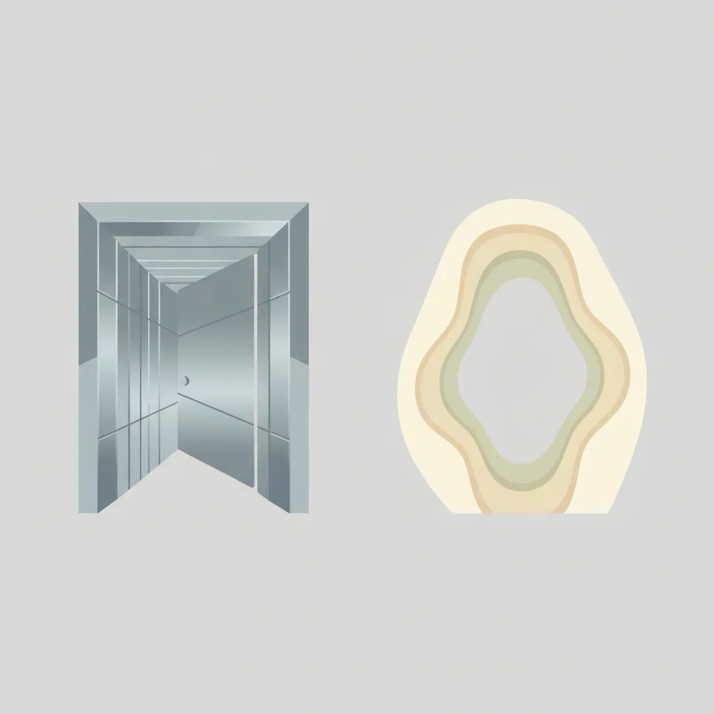 Two abstract door-like shapes side by side, one clinical and angular, one organic and rounded, flat vector in muted tones.