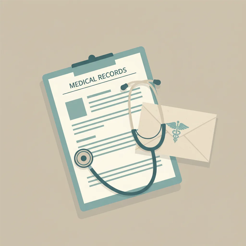 A medical chart and stethoscope beside an unopened envelope on a table.