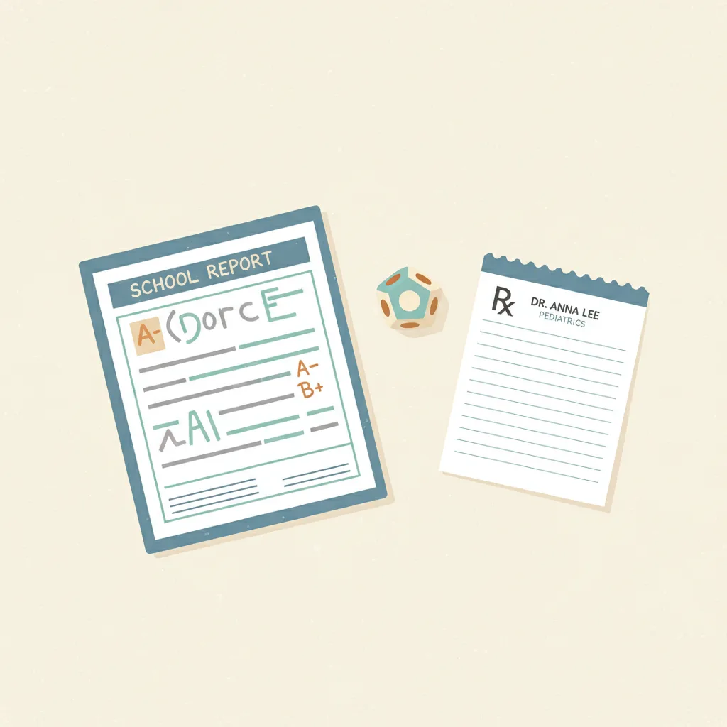 A child's report card and a prescription notepad resting on a table beside a fidget toy