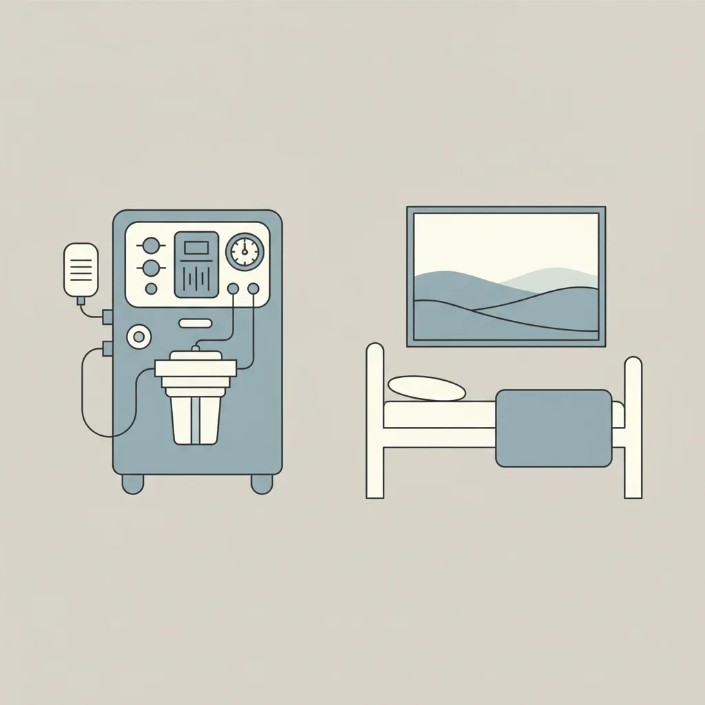 A flat vector illustration of a dialysis machine on one side and a simple hospital bed on the other