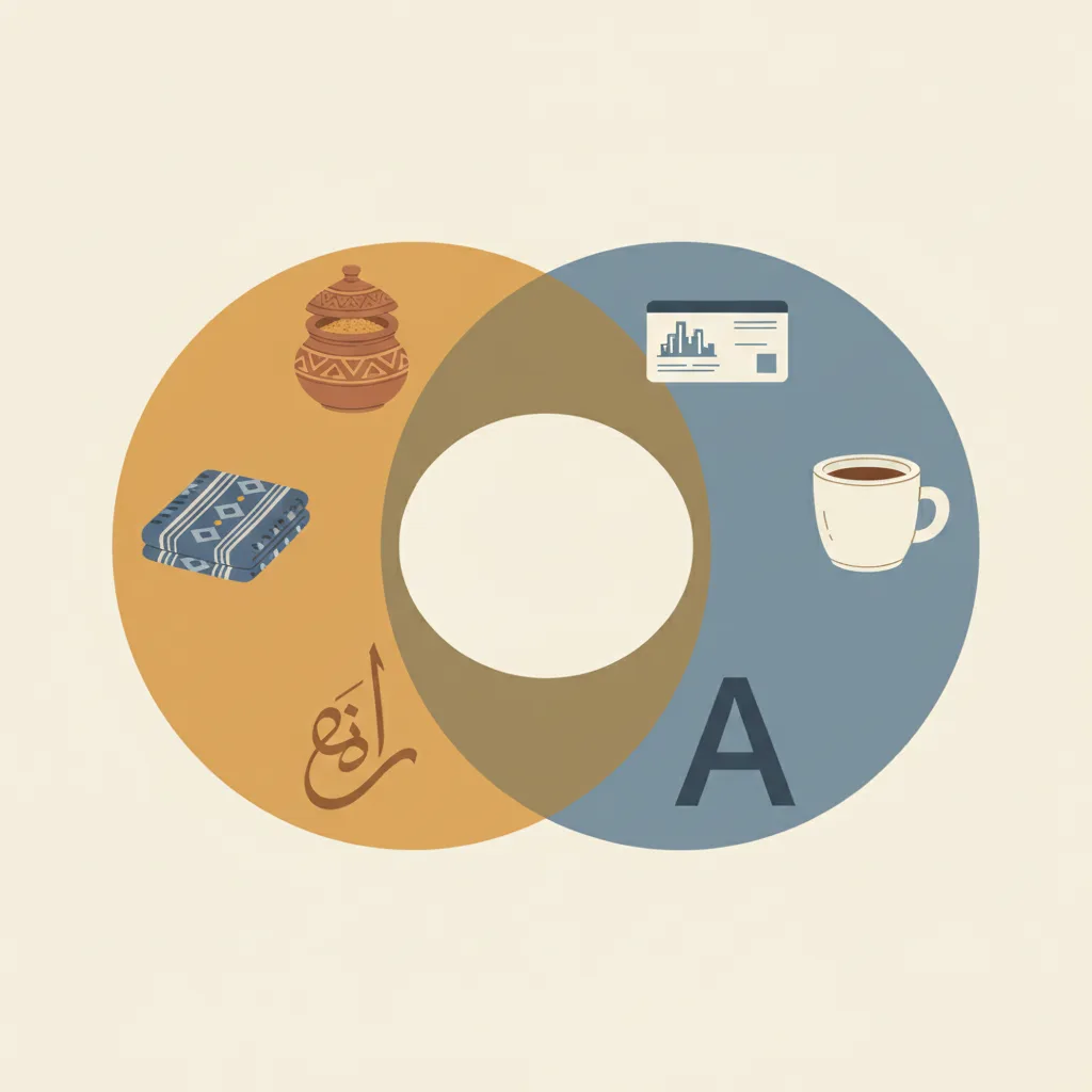Two overlapping circles of cultural objects -- traditional on one side, host-country on the other