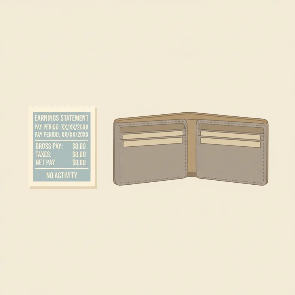 A pay stub and an empty wallet side by side on a plain surface.