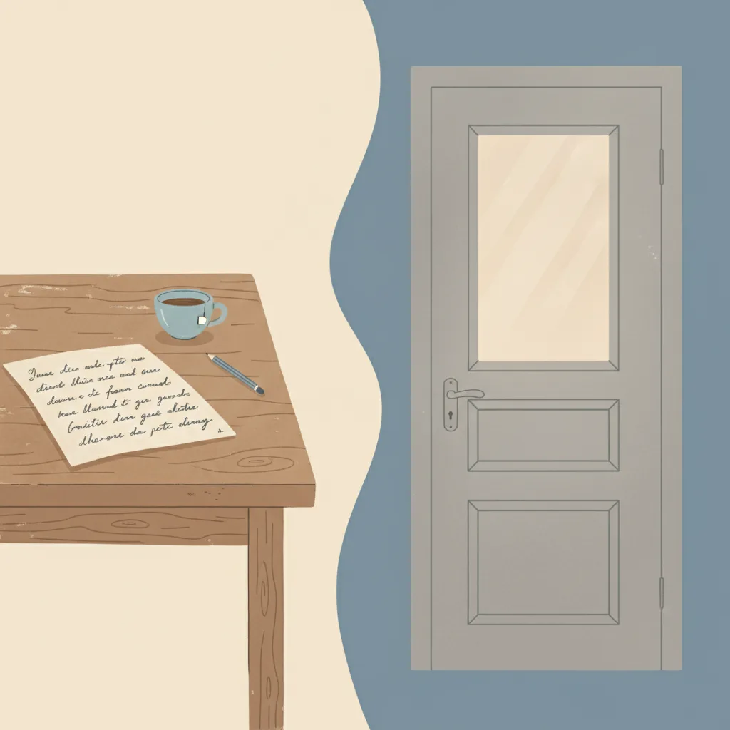 An open letter on a table beside a closed door with a shadow behind the glass