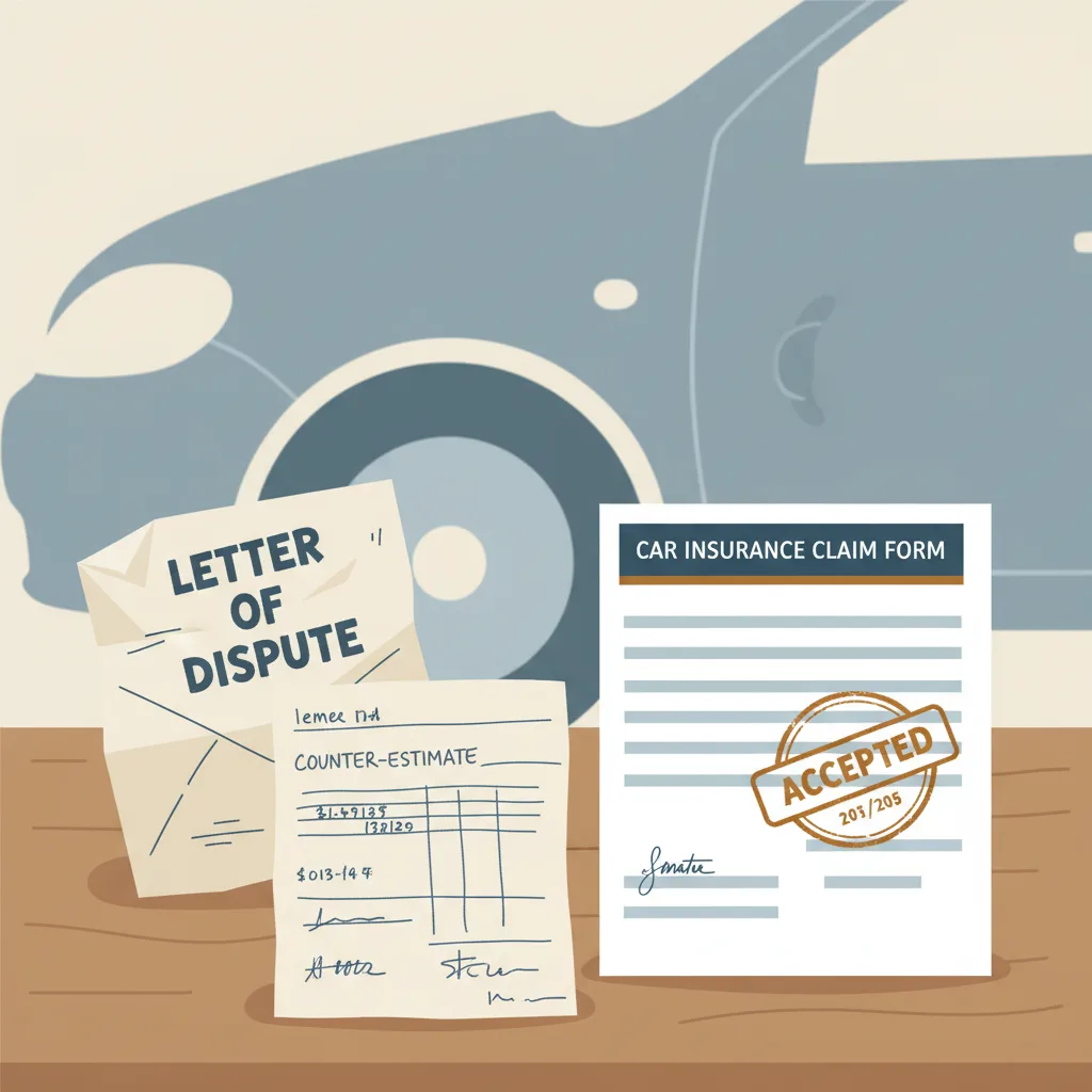 A car damage estimate form on a desk, one version with a disputed counter-claim letter, the other signed and accepted.