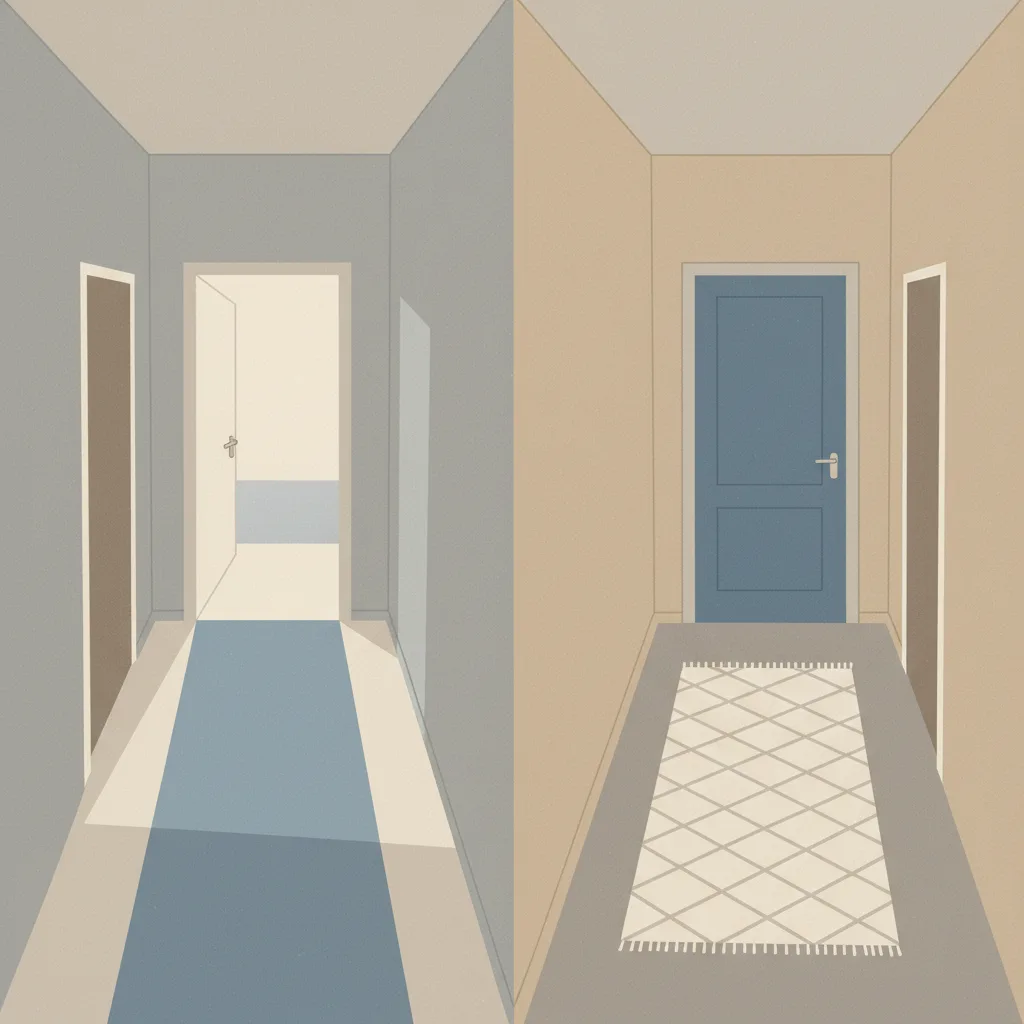 Two diverging hallways in a quiet house, one leading to an open door with light, the other to a closed door.
