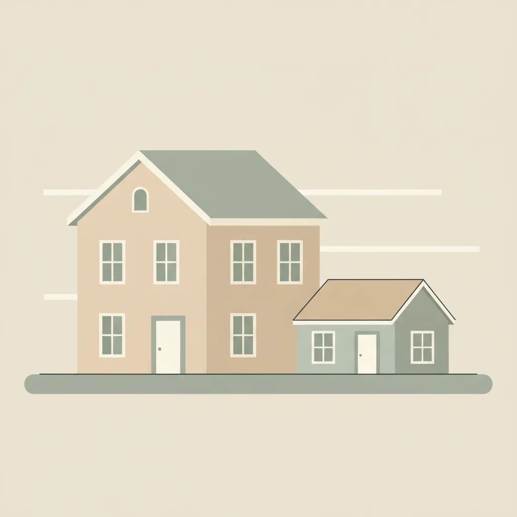 A flat vector illustration of two houses side by side — one large, one small — on a simple street