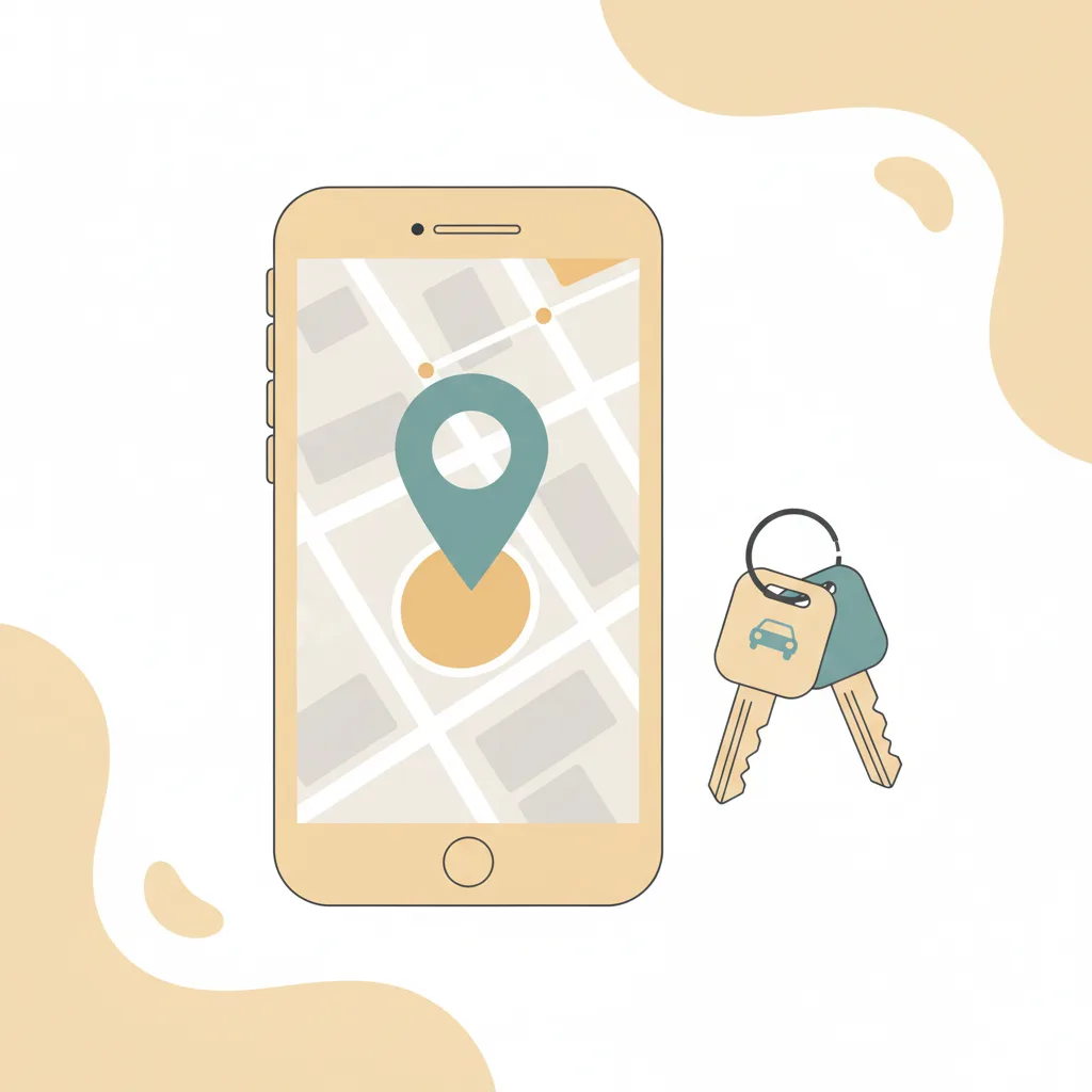 A muted flat vector illustration of a smartphone next to a set of car keys on a pale background.