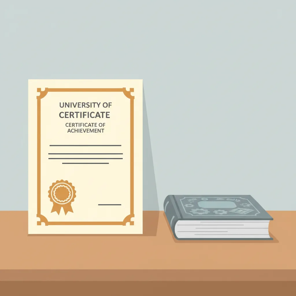 A half-completed diploma certificate next to a closed textbook on a desk.