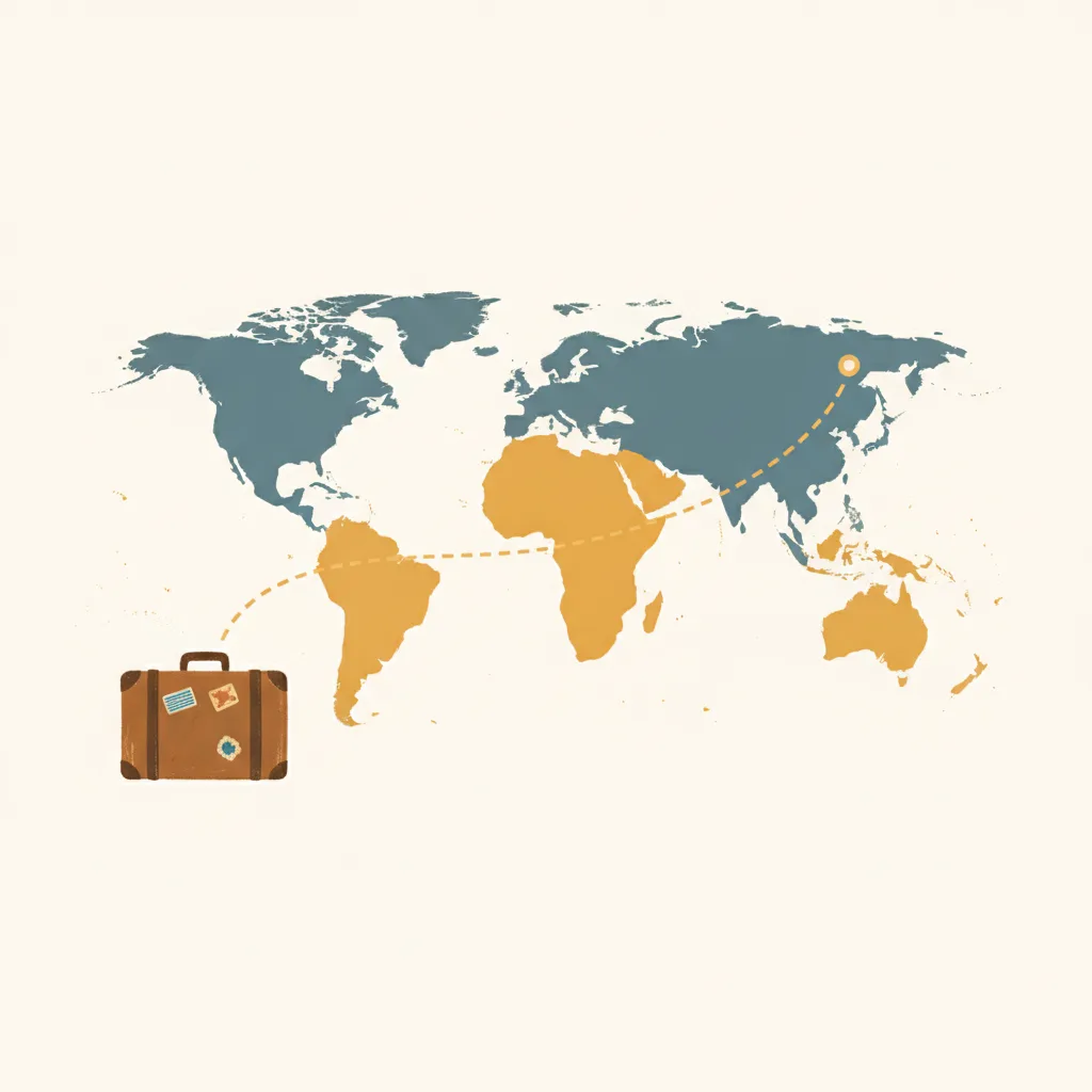 A world map with a dotted arc between a low-income and high-income region, a small suitcase at the origin