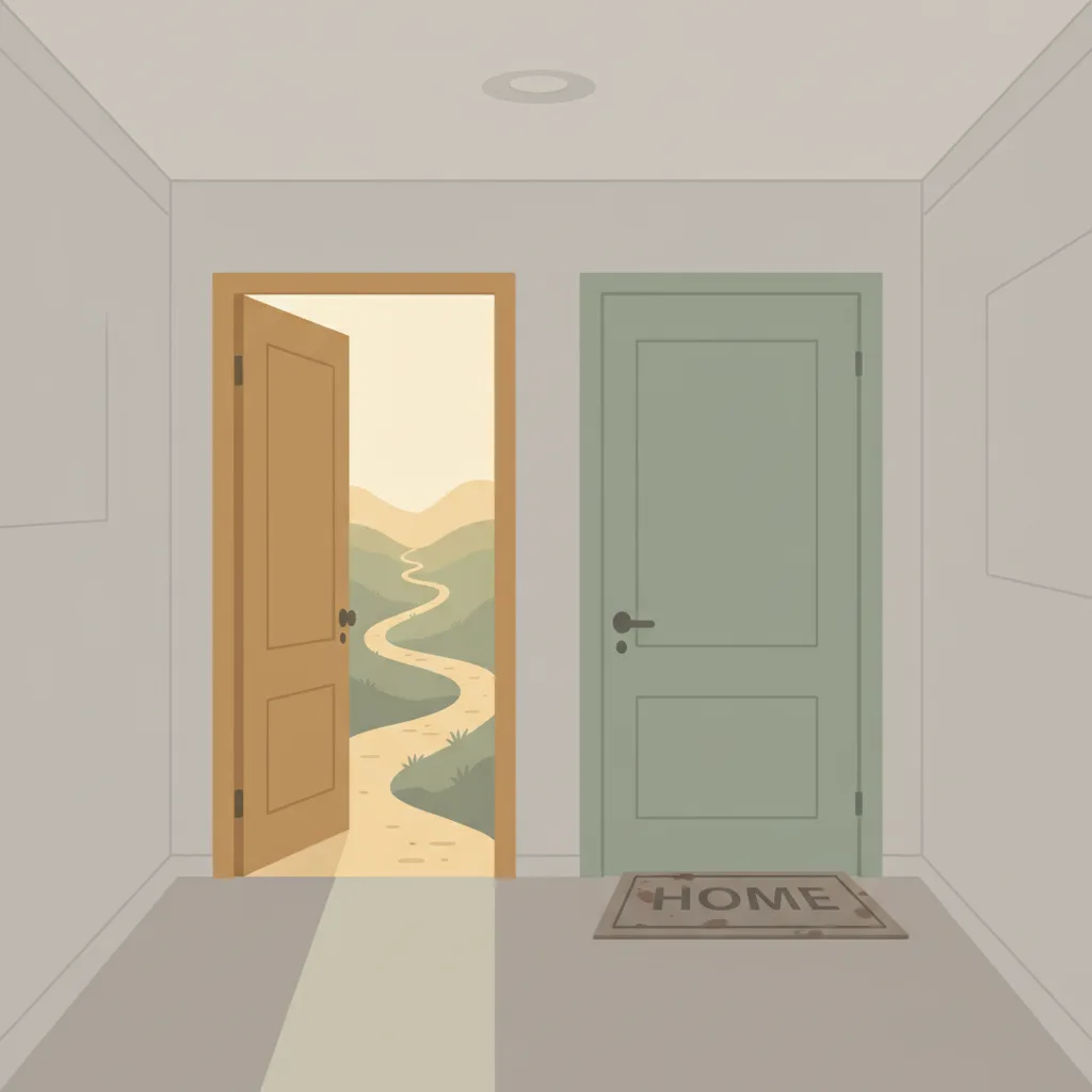 Two doors side by side, one open onto a sunlit path, the other closed with a worn welcome mat.