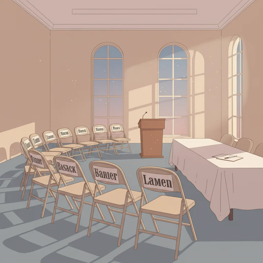 An empty town hall meeting room with rows of folding chairs facing a small lectern, half the chairs occupied by name placards and half empty.