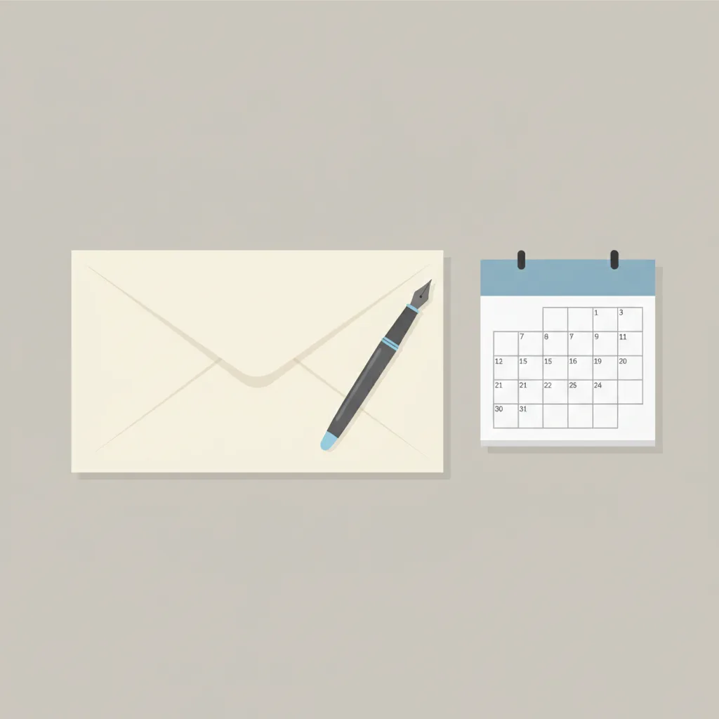 A simple document envelope and a pen resting on a desk beside a calendar