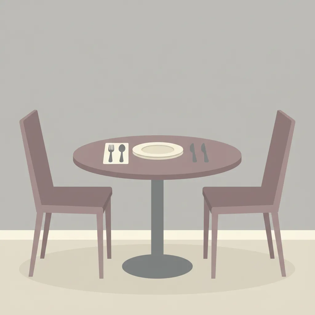 Two chairs at a dining table, one pushed in and one pushed far back, an empty place setting between them.