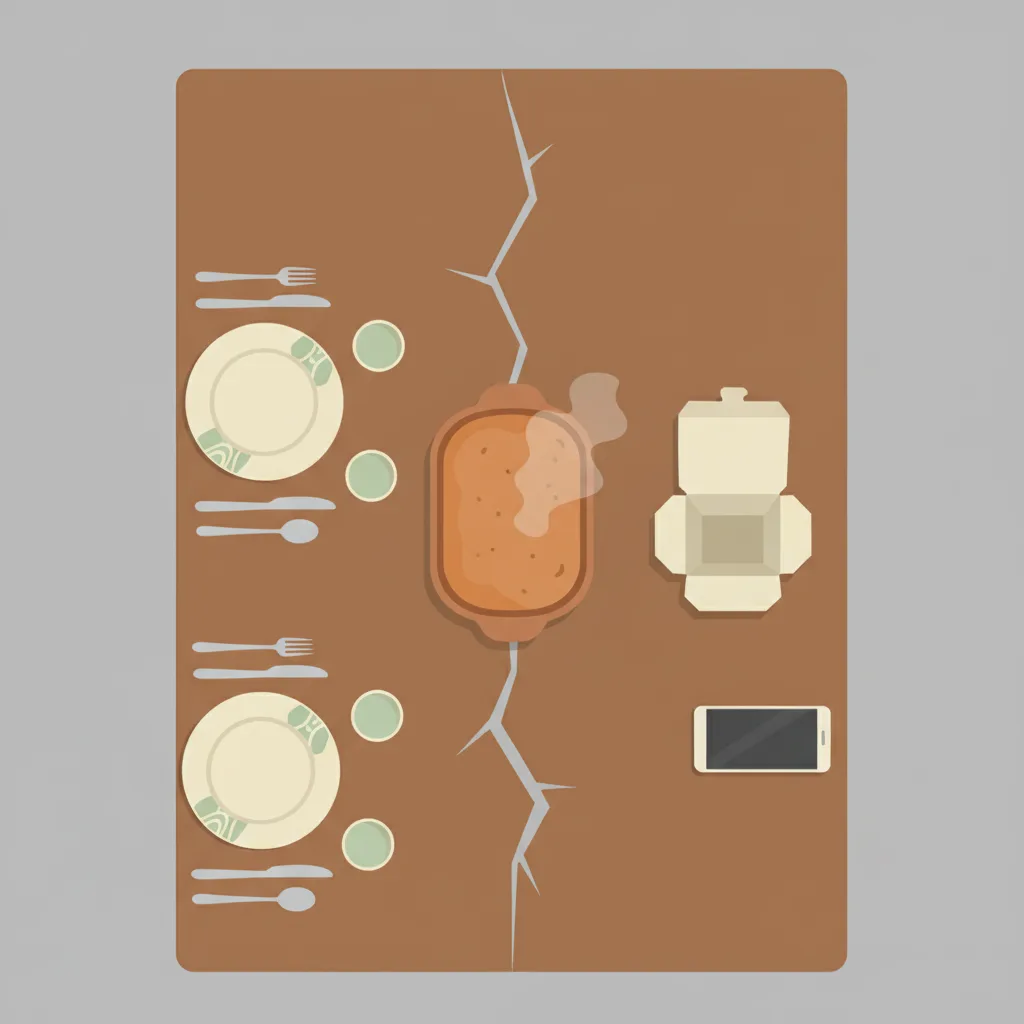 A dining table set for a family meal on one side, a counter with a lone takeout container on the other.