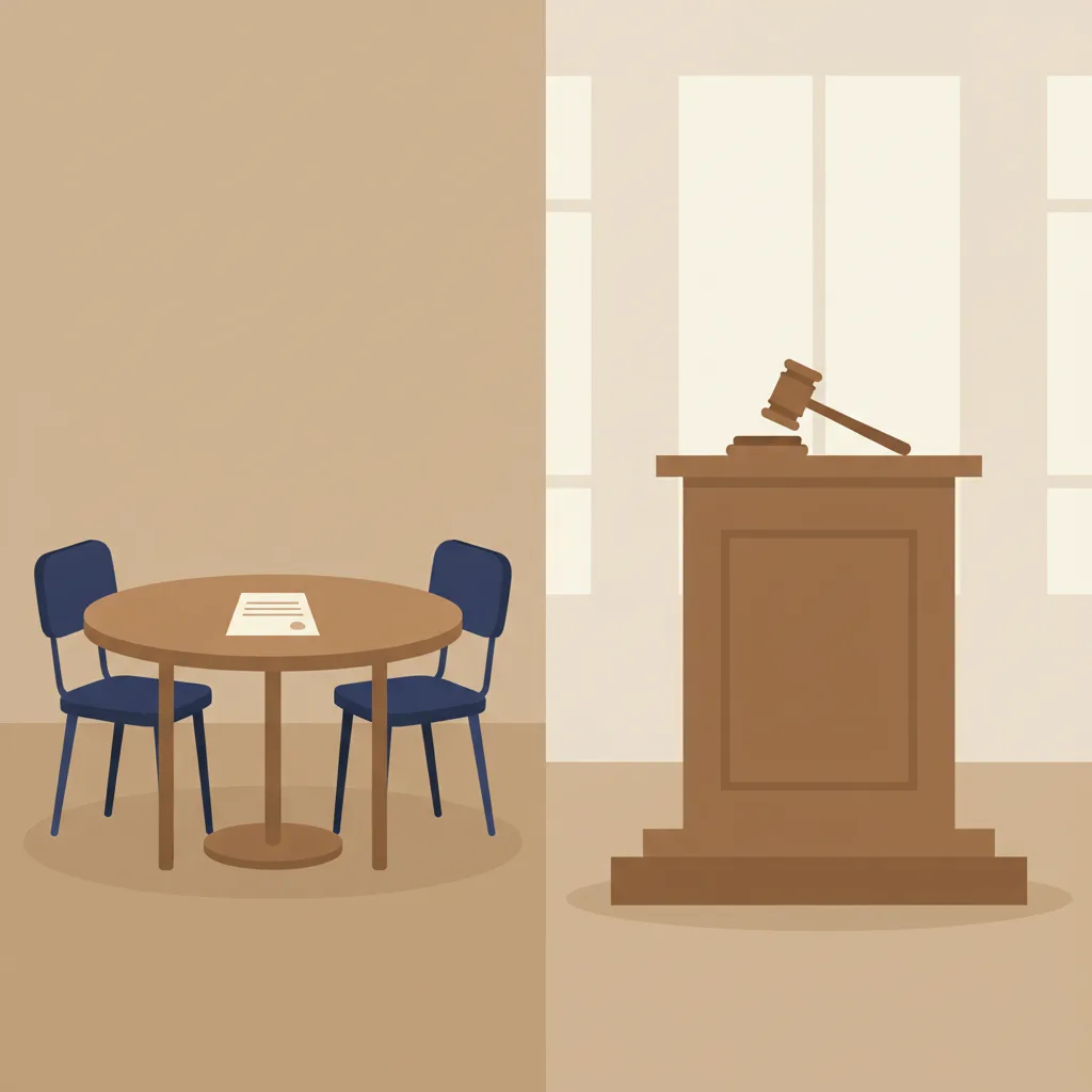 A round table with two chairs and a document in the centre on the left, and a formal courtroom podium on the right