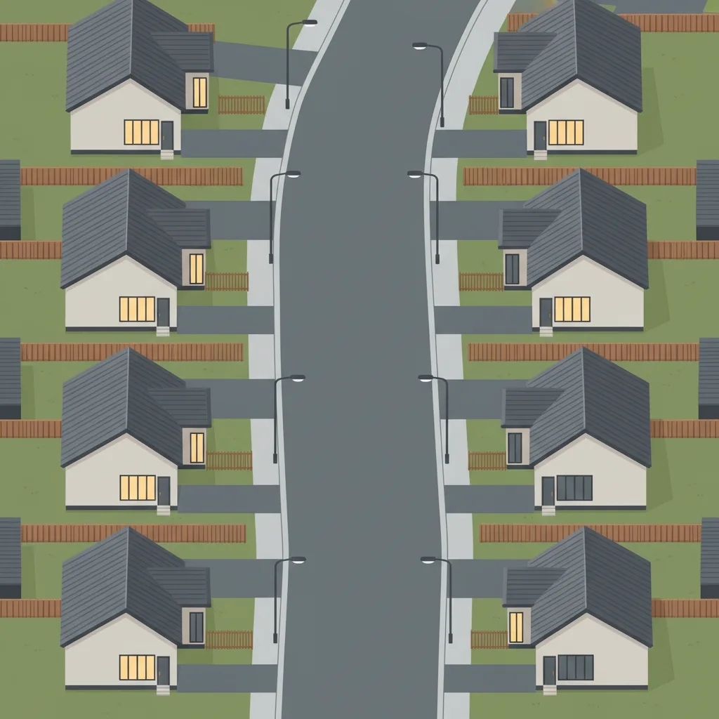 A row of small houses, some with lights on and some dark, stretching along a quiet street.