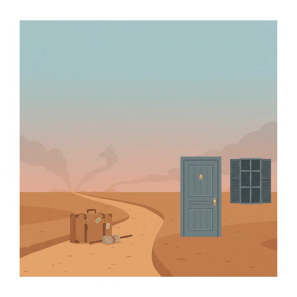 A crossroads with a packed suitcase on one path and a closed front door on the other, under a sky with distant smoke.