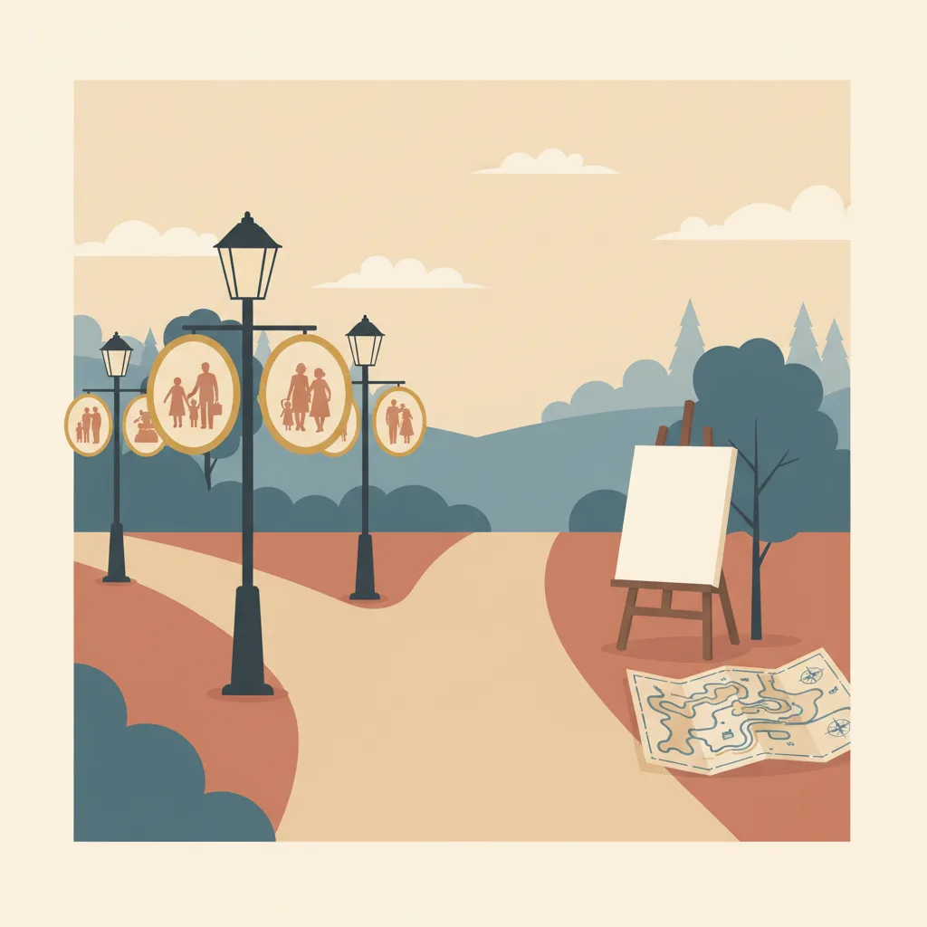 A forking path in a quiet park: one branch marked with family portraits, the other with a blank canvas and an open map.